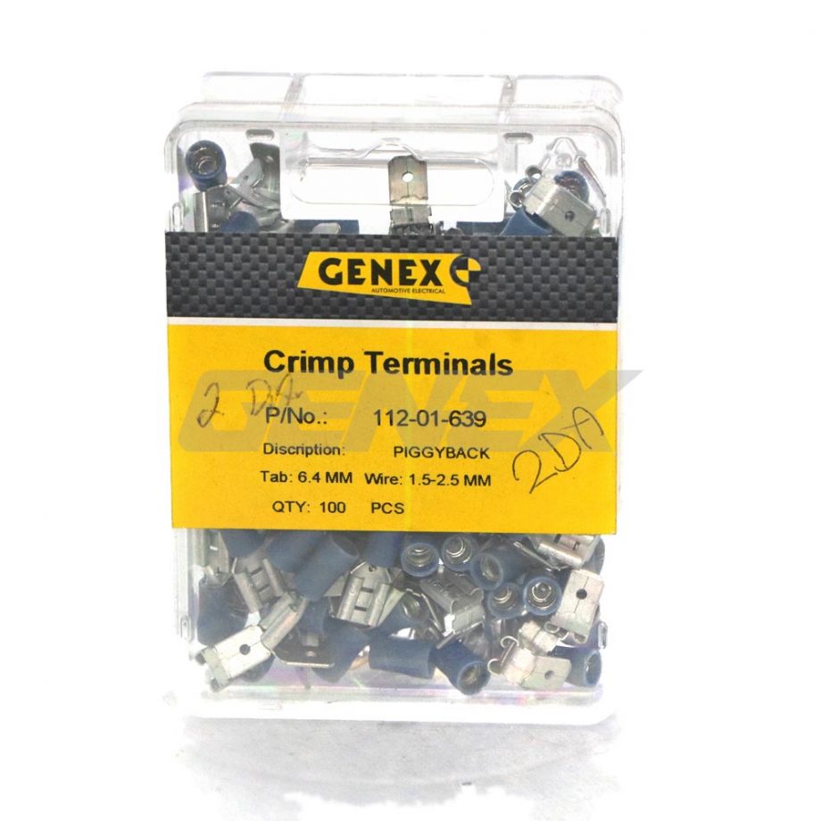 Insulated Female Blade with Piggyback Crimp Terminal - Blue (6.4mm), Box of 100