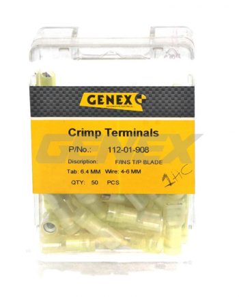 Insulated Female Blade Crimp Terminal - Transparent Yellow (6.4mm), Box of 50